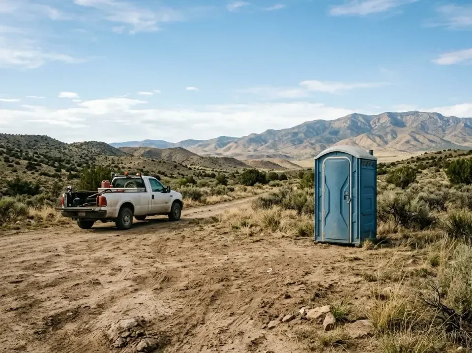 Portable Toilet — Remote Location — Portable Toilet, Pickup Truck, Dirt Road, Remote Location, Ada Accessible Porta Potty in…